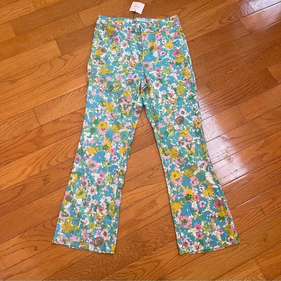 Zara High-Waisted Retro Floral Kick Flare Linen Pants Disco Cottagecore Sz 4